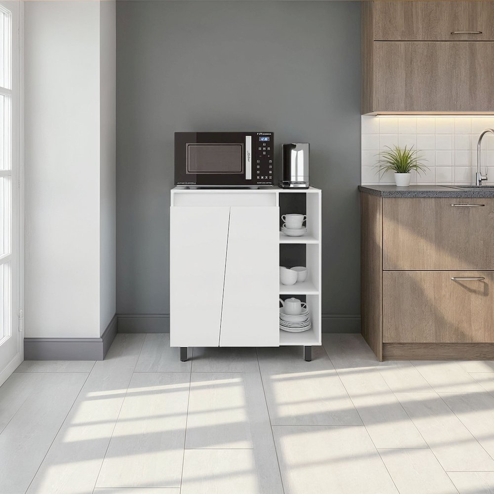Hazen Microwave Stand with 1 Storage Cabinet, 5 Shelves and 2 Doors, White. Picture 1