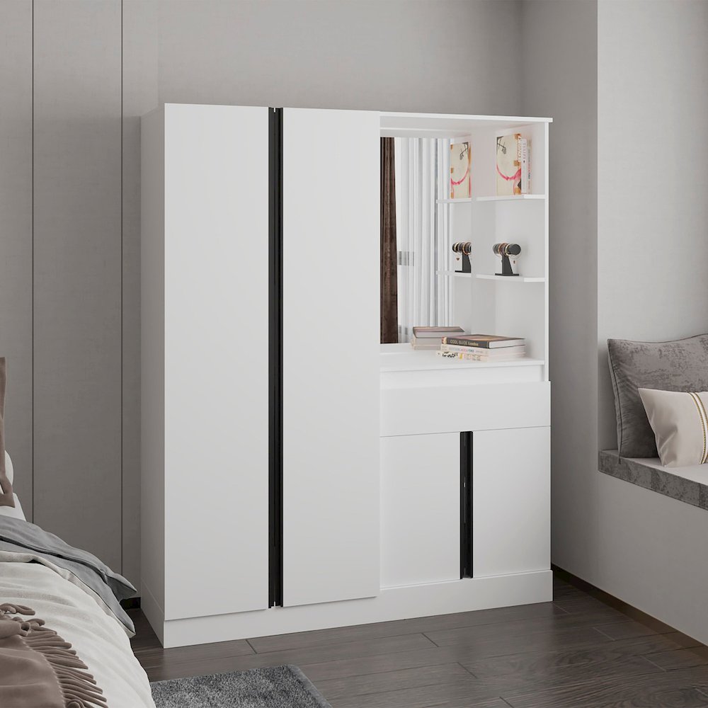 Everson Armoire, 4 Doors, 1 Drawer, 5 Shelves, 1 Mirror, White. Picture 2