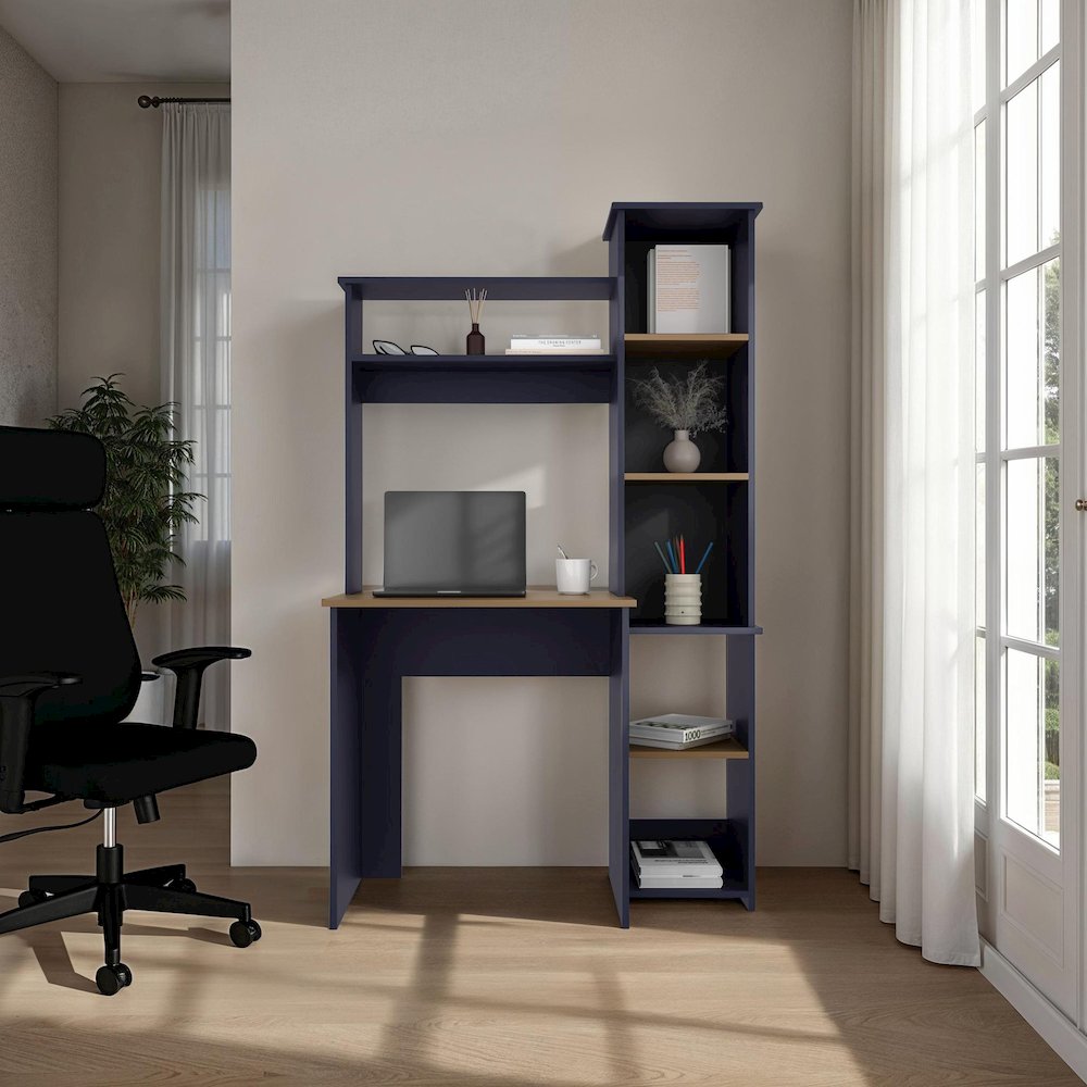 Aramis Desk, 6 Shelves, Alby Blue / Natural Oak. Picture 4