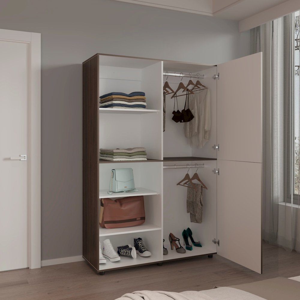 Brewster Wardrobe, 2 Doors, 6 Legs, 7 Shelves, Walnut / White. Picture 5