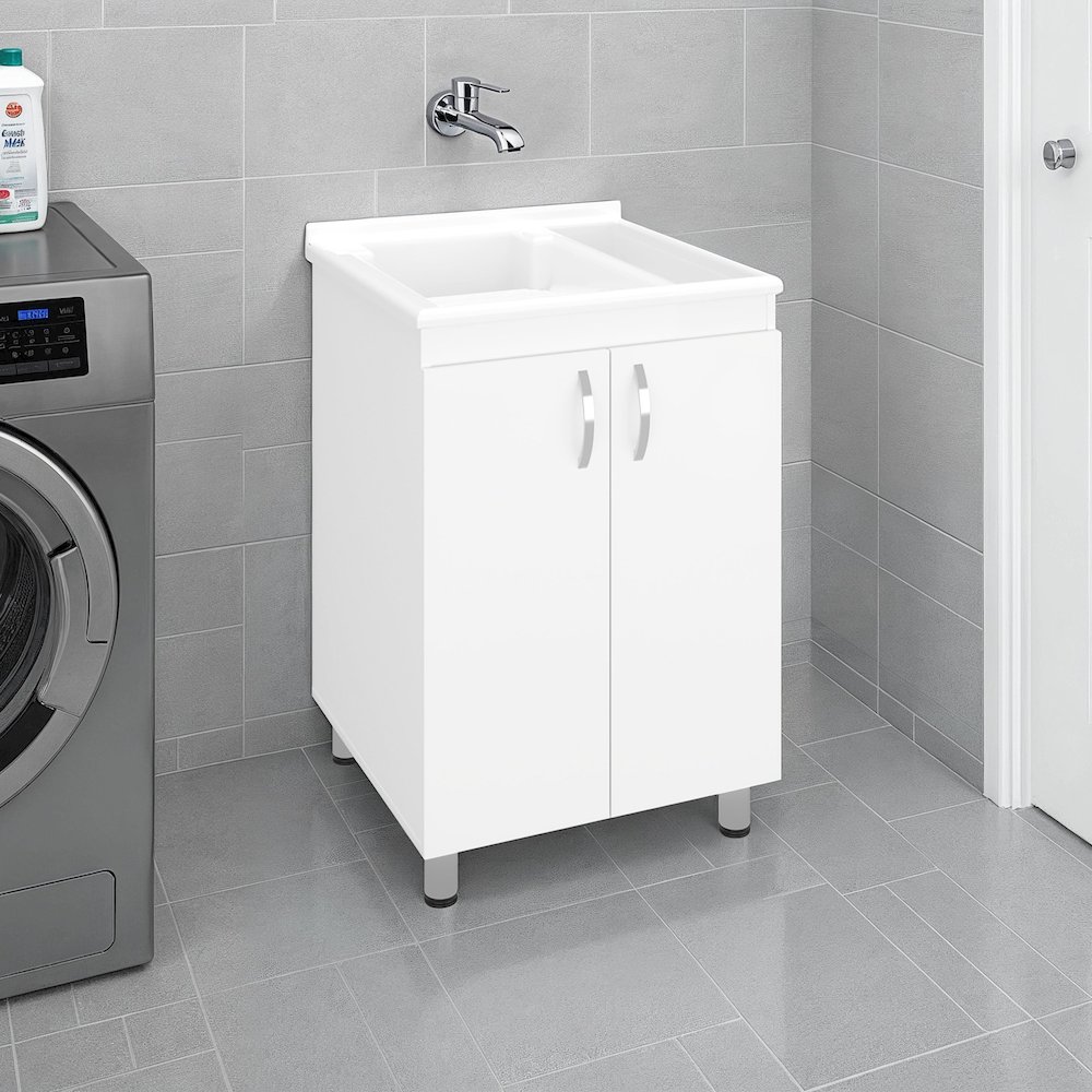 Dunn Freestanding Utility Tub Cabinet with 2 Doors, 2 Interior Shelves, White. Picture 1