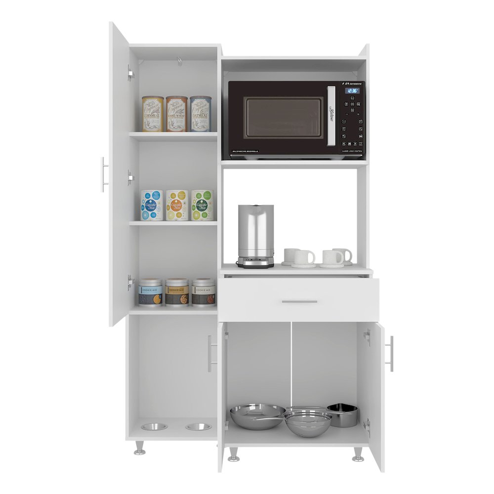 Kitchen Storage Cabinet with 6 Shelves, Storage Drawer, Microwave Space, White. Picture 4