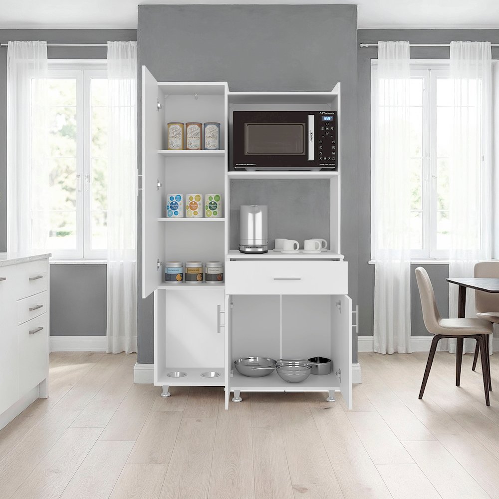 Kitchen Storage Cabinet with 6 Shelves, Storage Drawer, Microwave Space, White. Picture 2