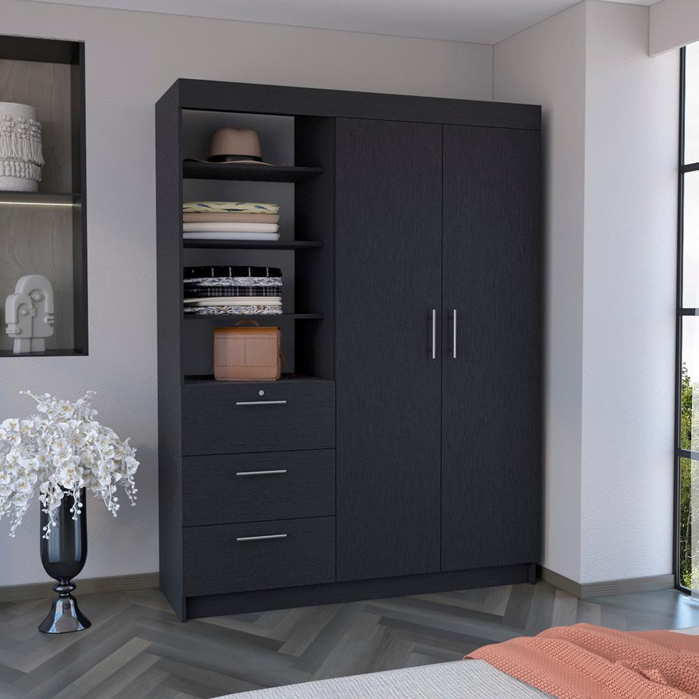 DEPOT E-SHOP Laurel 3-Tier Shelf and Drawers Armoire with Metal Handles, Black. Picture 1