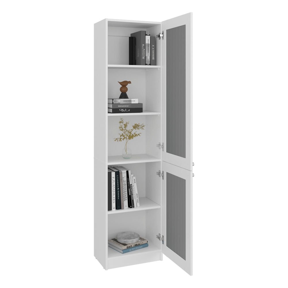 Tall Bookcase 71" H with 2 Fluted Panel Doors, Five Interior Shelves, White. Picture 8