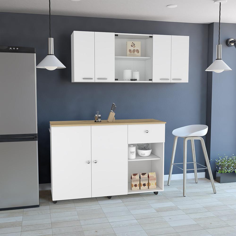 Tigard 2 Piece Kitchen Set, Syros Kitchen Island Cart + 150 Wall Cabinet Glass. Picture 5