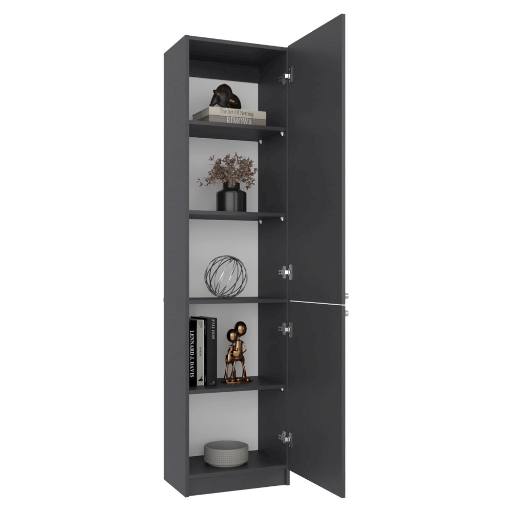 Butte Tall Bookcase 71" H with 2 Doors, Five Interior Shelves, Matt Grey/White. Picture 7
