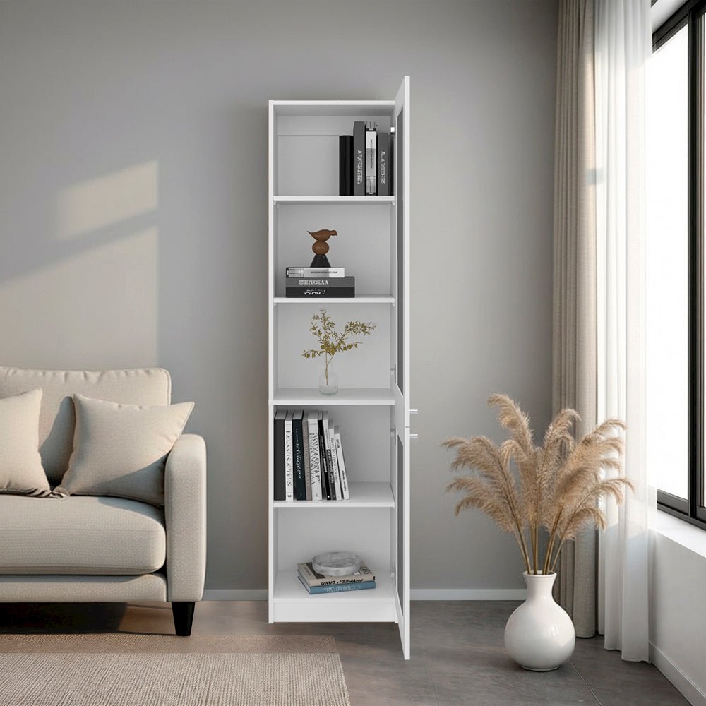 Tall Bookcase 71" H with 2 Fluted Panel Doors, Five Interior Shelves, White. Picture 2