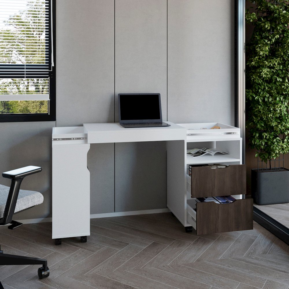 Odessa Extendable Desk, 2 Drawers, 4 Shelves, 4 Wheels, White/Walnut. Picture 7