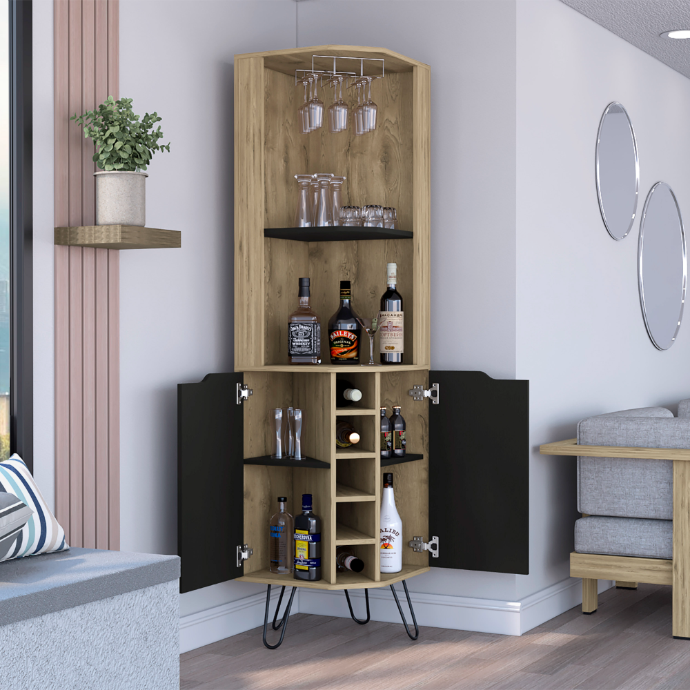 Depot E-Shop Bursan Corner Cabinet Six Built-in Wine Rack, Two Shelves, Four Shelves, Macadamia / Black. Picture 5