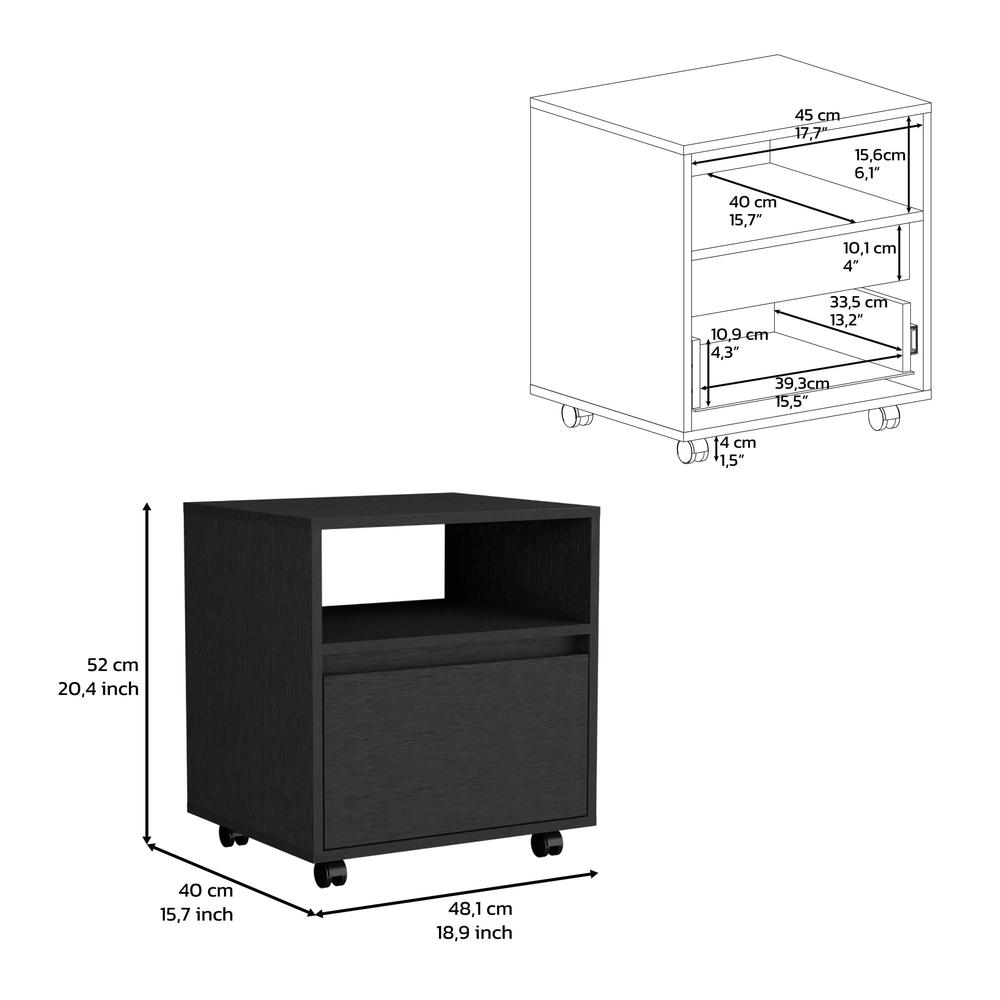 DEPOT E-SHOP Wasilla Nightstand with Open Shelf, 1 Drawer and Casters, Black. Picture 3