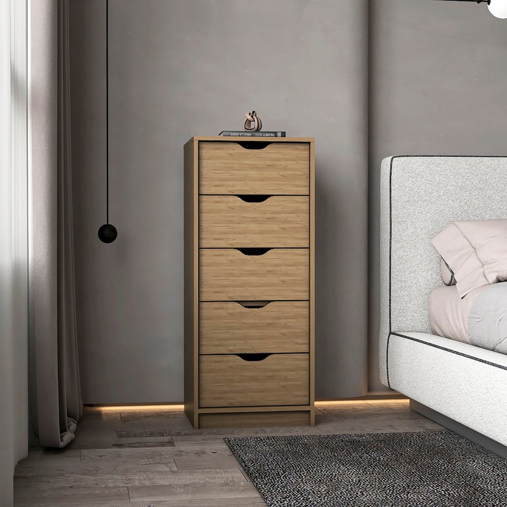 Houma 5 Drawers Narrow Dresser, Slim Storage Chest of Drawers, Natural Oak. Picture 7
