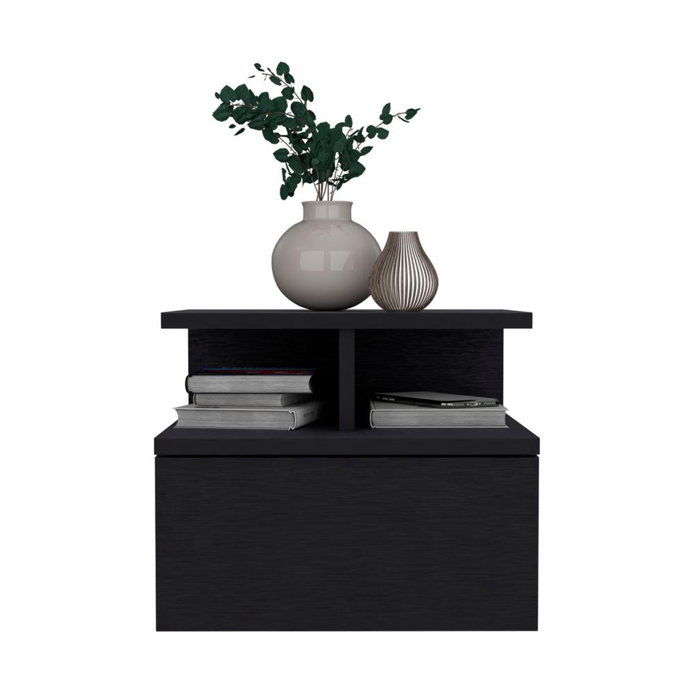 DEPOT E-SHOP Seward Floating Nightstand, Wall Mounted with Single Drawer and 2-Tier Shelf, Black. Picture 2