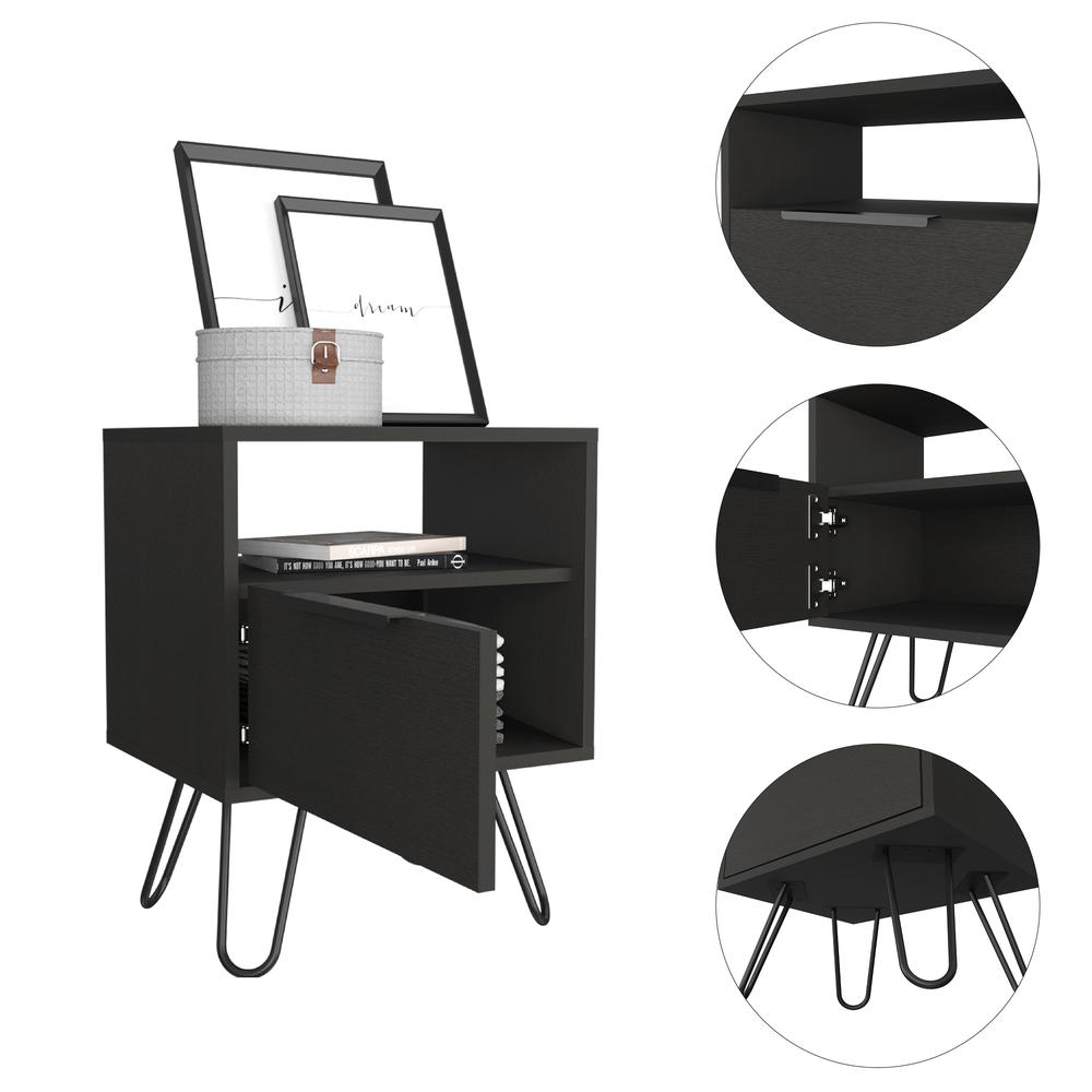 DEPOT E-SHOP Begonia Night Stand-Two Shelves, One-Door Drawer, Four Steel Legs-Black, For Bedroom. Picture 2
