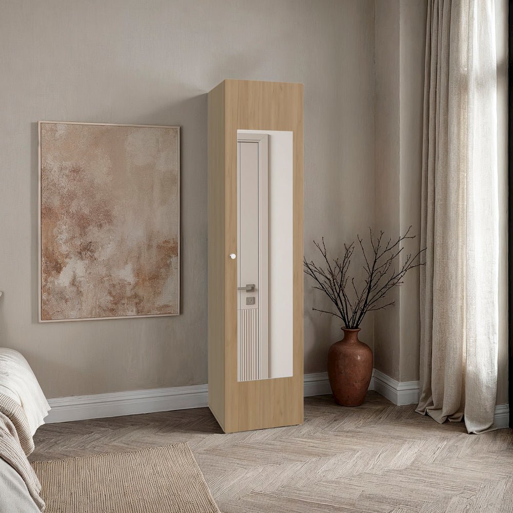 1 Door Wardrobe 67" H with Mirror and Vertical Storage Design, Natural Oak. Picture 1