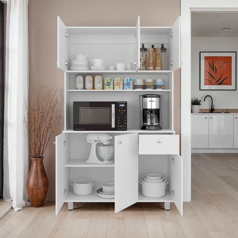 Pantry Cabinet with Ample Storage, Spacious Shelves, 6 Doors-1 Drawer, White. Picture 2