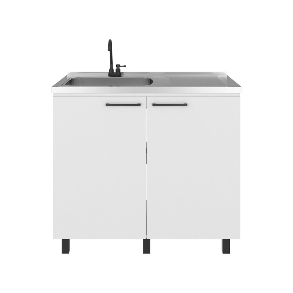 Freestanding Utility Base Cabinet, Stainless Steel Countertop, 2-Door, White. Picture 3
