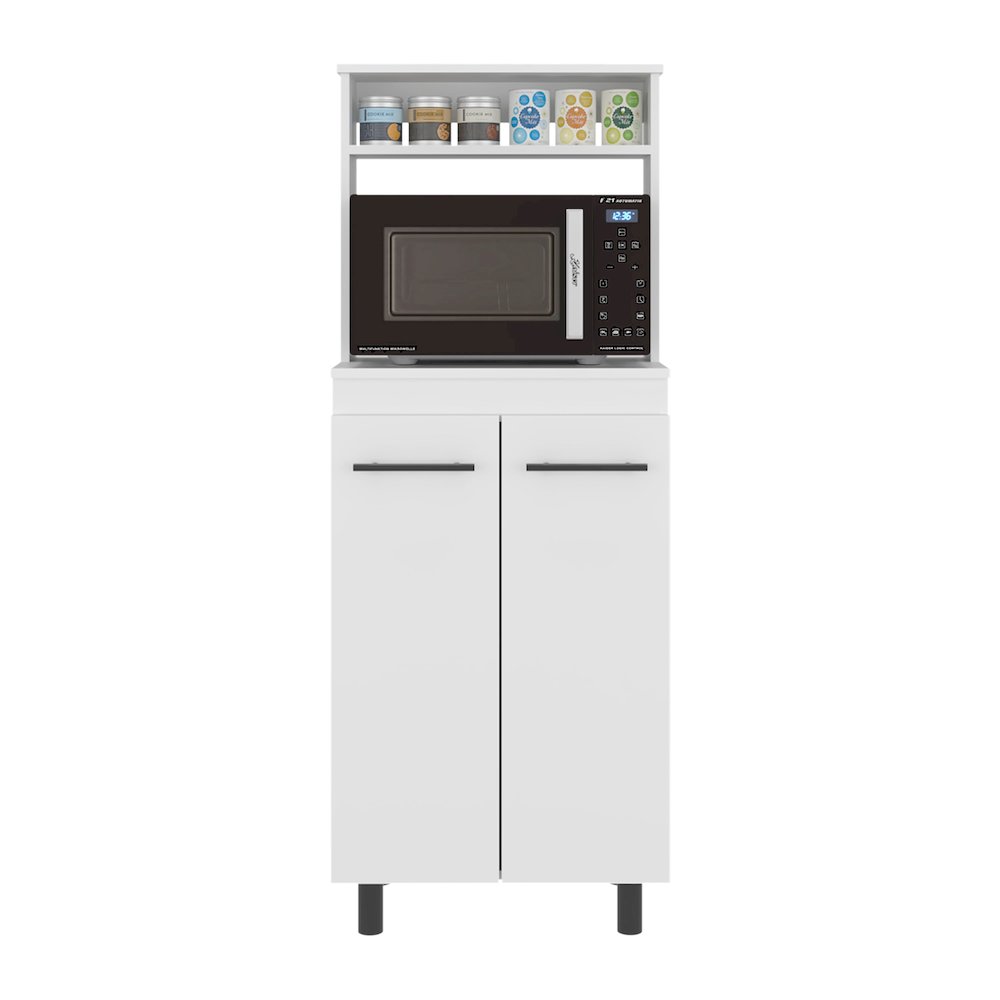 Enderlin Microwave Stand with 3 Shelves, 2 Doors, 4 legs and Cabinet, White. Picture 6