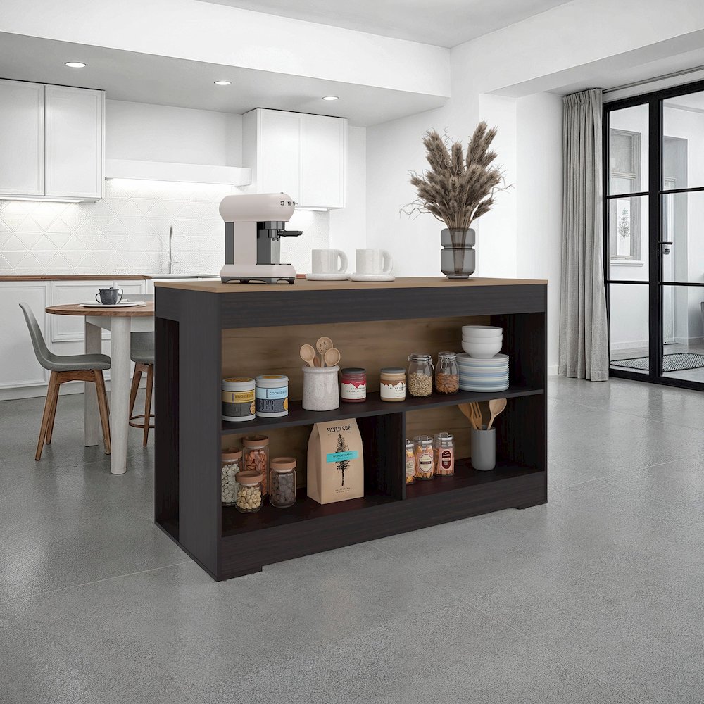 Makoti Kitchen Island 34", 3 Spacious Open Shelves, Black Wengue / Natural Oak. Picture 1