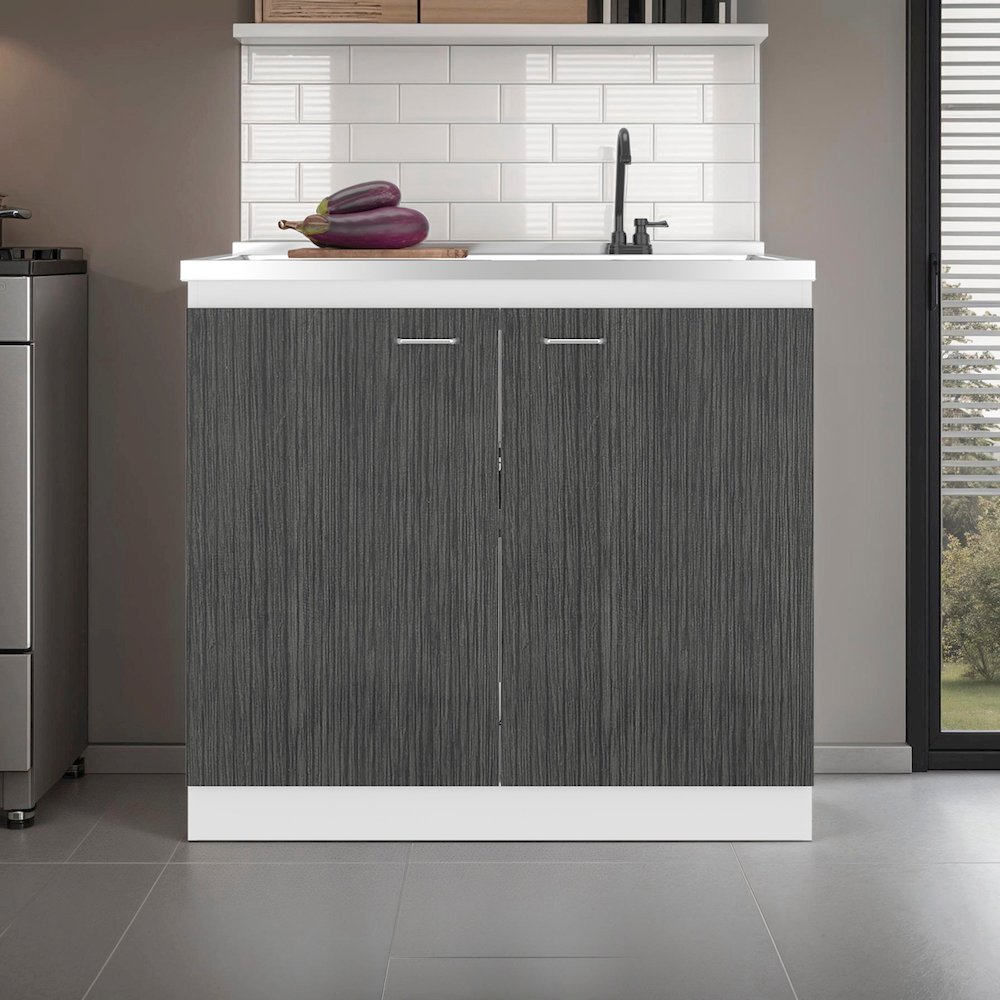 Salento Freestanding Sink, Double Door Cabinet, White / Smokey Oak. Picture 1