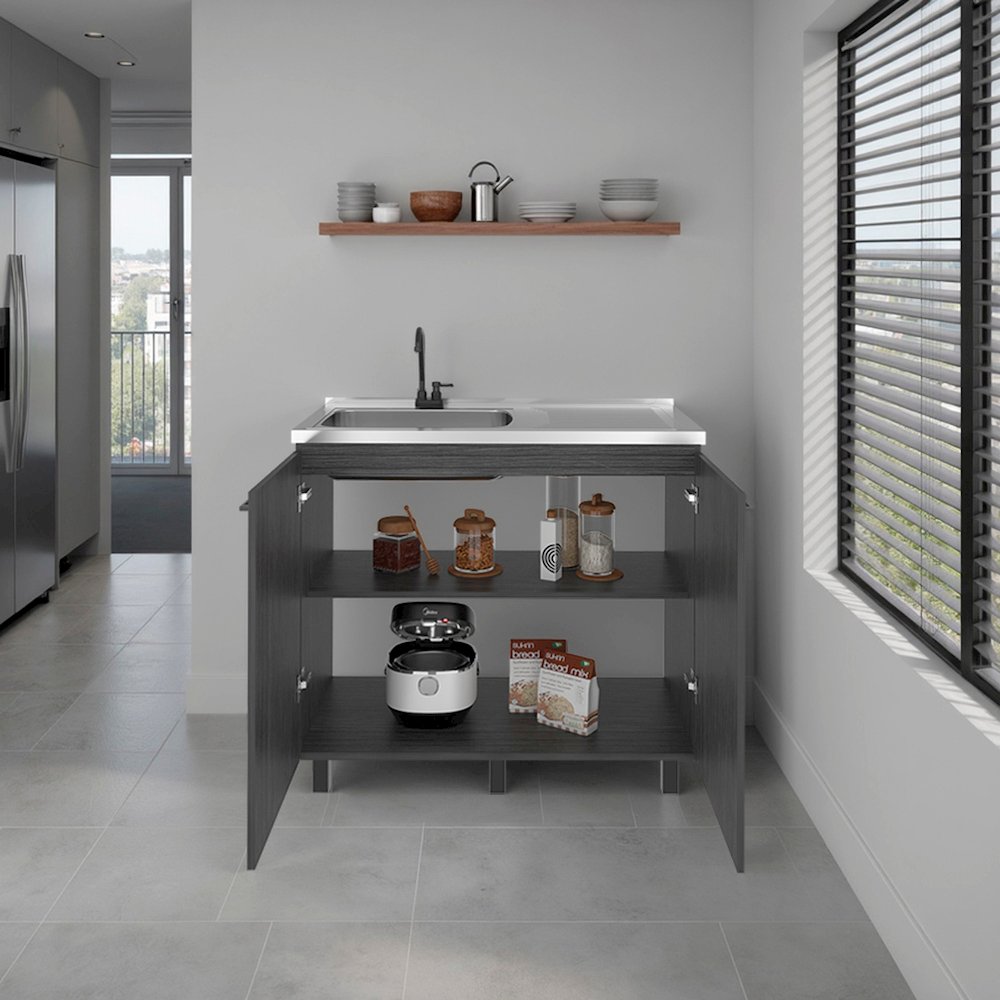 Utility Base Cabinet, Stainless Steel Countertop, 2-Door, Smokey Oak. Picture 2