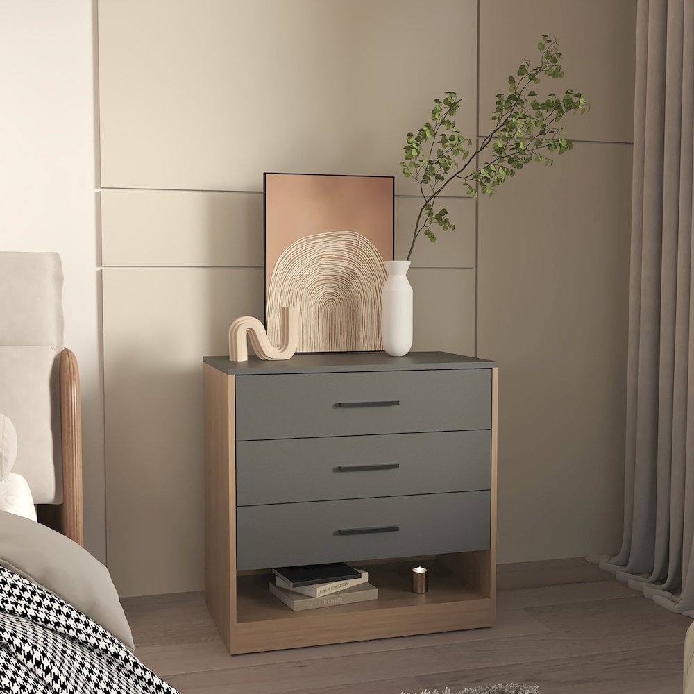 Artondale Dresser, 3 Drawers, 1 Shelf, Matt Gray / Natural Oak. Picture 4
