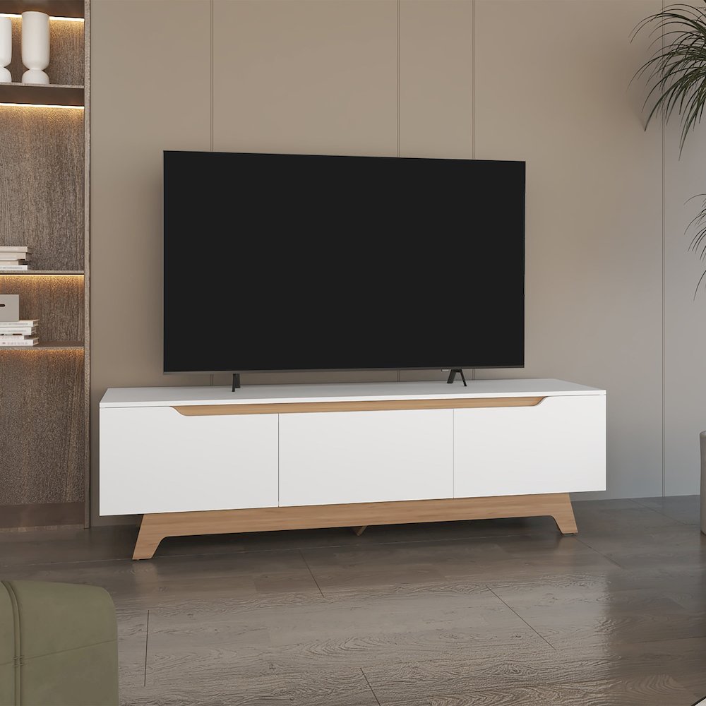 Curlew TV Stand, 2 Doors, 1 Drawer, White / Natural Oak. Picture 4