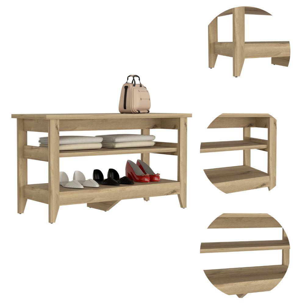 DEPOT E-SHOP Mason Storage Bench, Two Open Shelves, Four Legs, Countertop-Light Oak, For Living Room. Picture 3