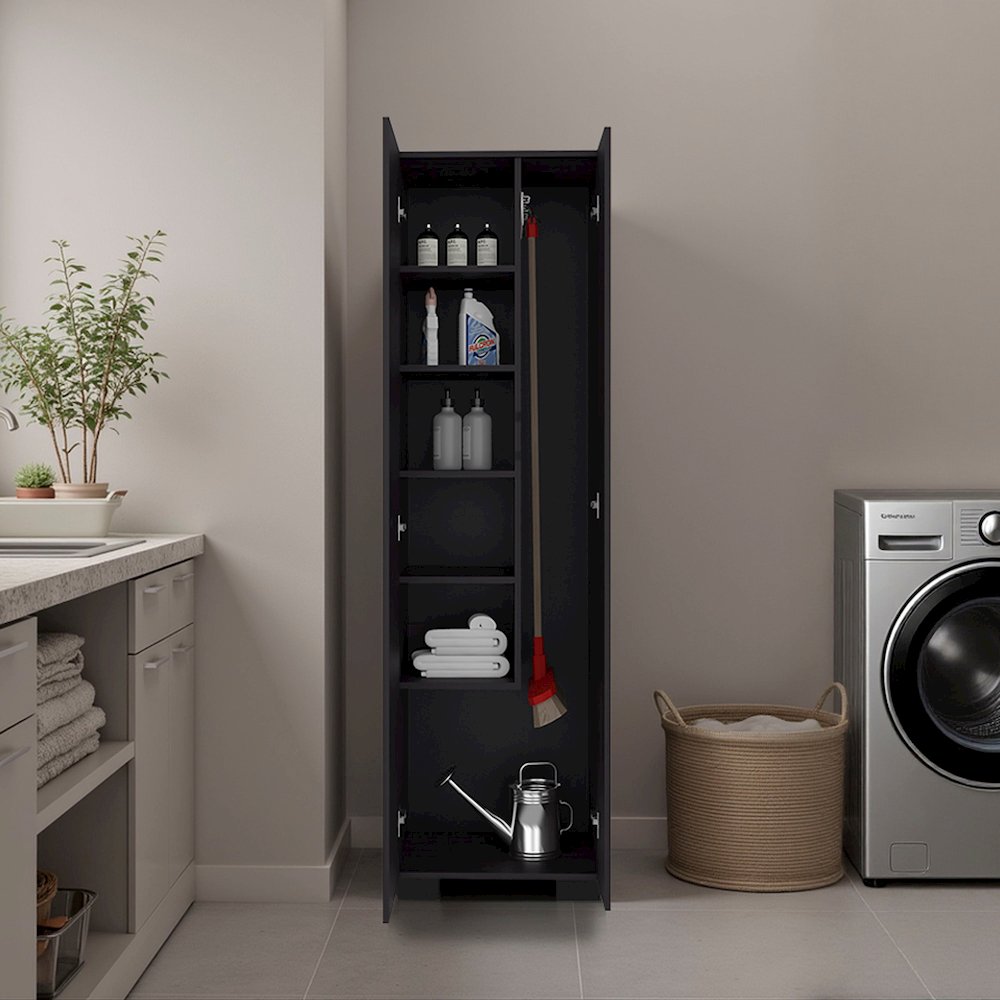 Broom Cabinet Double-Door Design with Inner Shelves, Side Hangers, Black Wengue. Picture 2