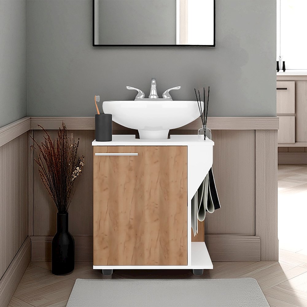 Enfield Under Sink Storage, 1 Door, 2 Shelves, 4 Legs, White / Natural Oak. Picture 4