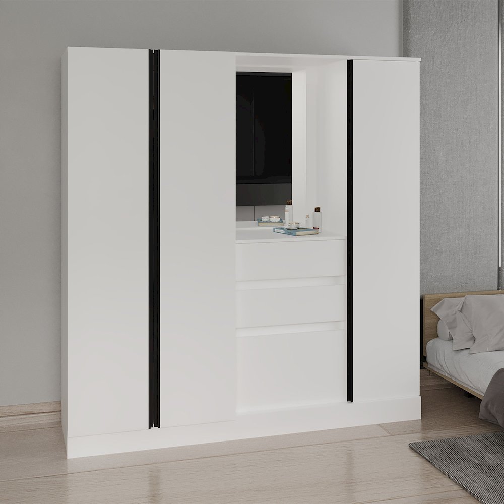Deseret Armoire, 4 Doors, 2 Drawers, 5 Shelves, 1 Mirror, White. Picture 3