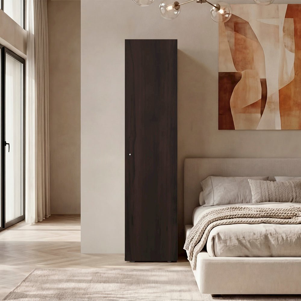 Kotlik 1 Door Wardrobe 67" H with Vertical Storage and Four Shelves, Dark Walnut. Picture 1