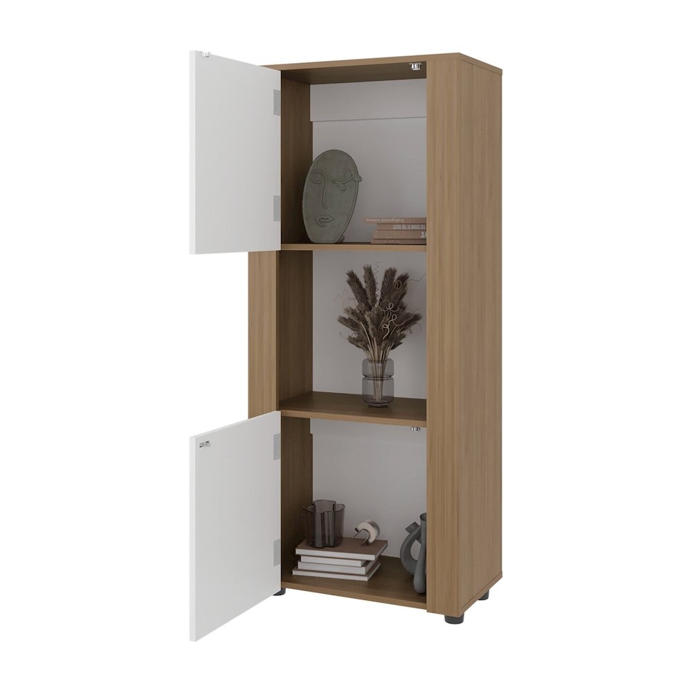 Bookcase with Upper and Lower Doors, Open Center Shelf, Natural Oak/White. Picture 7
