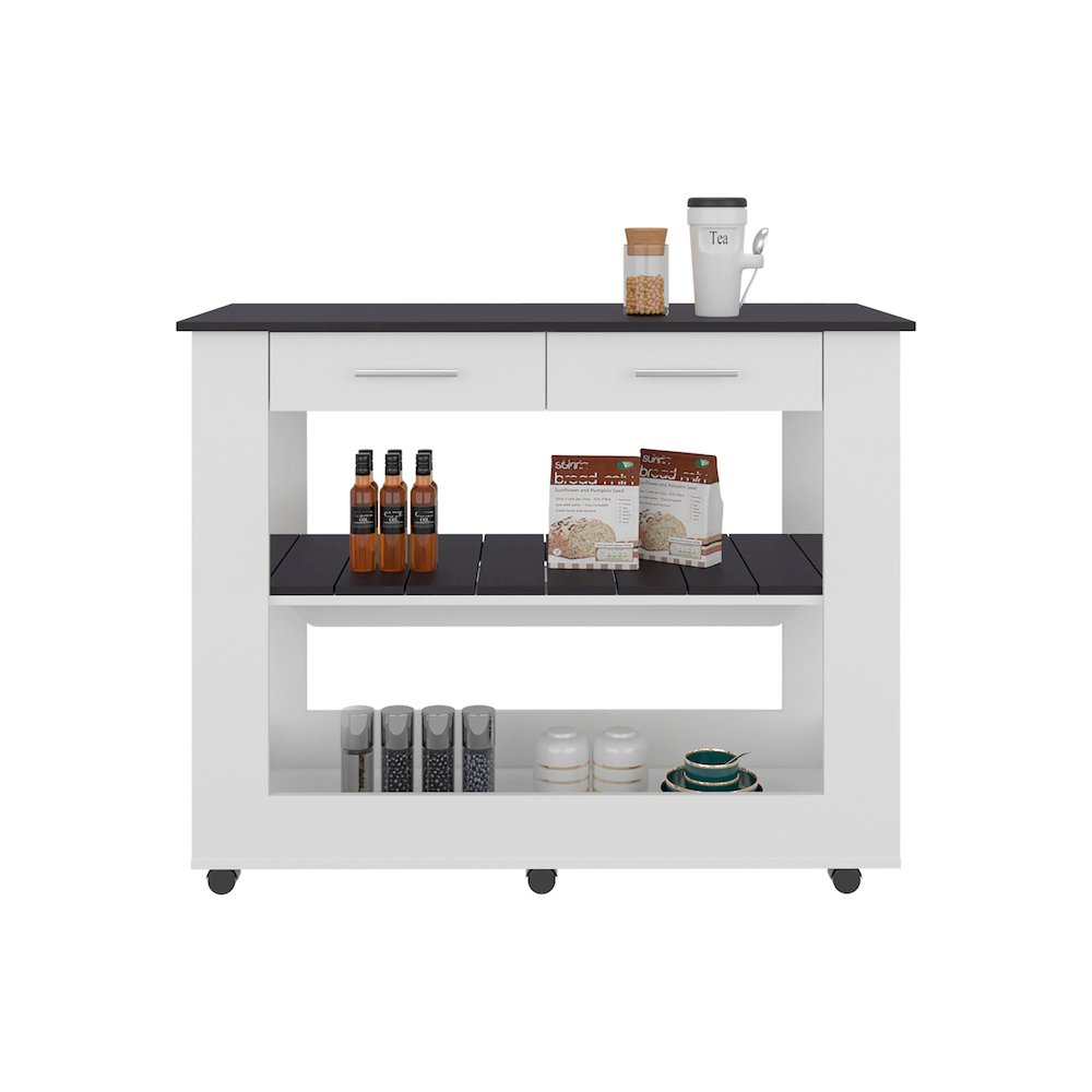 Delos Kitchen Island, 2 Drawers, 6 Wheels, 2 Shelves, White / Black Wengue. Picture 8