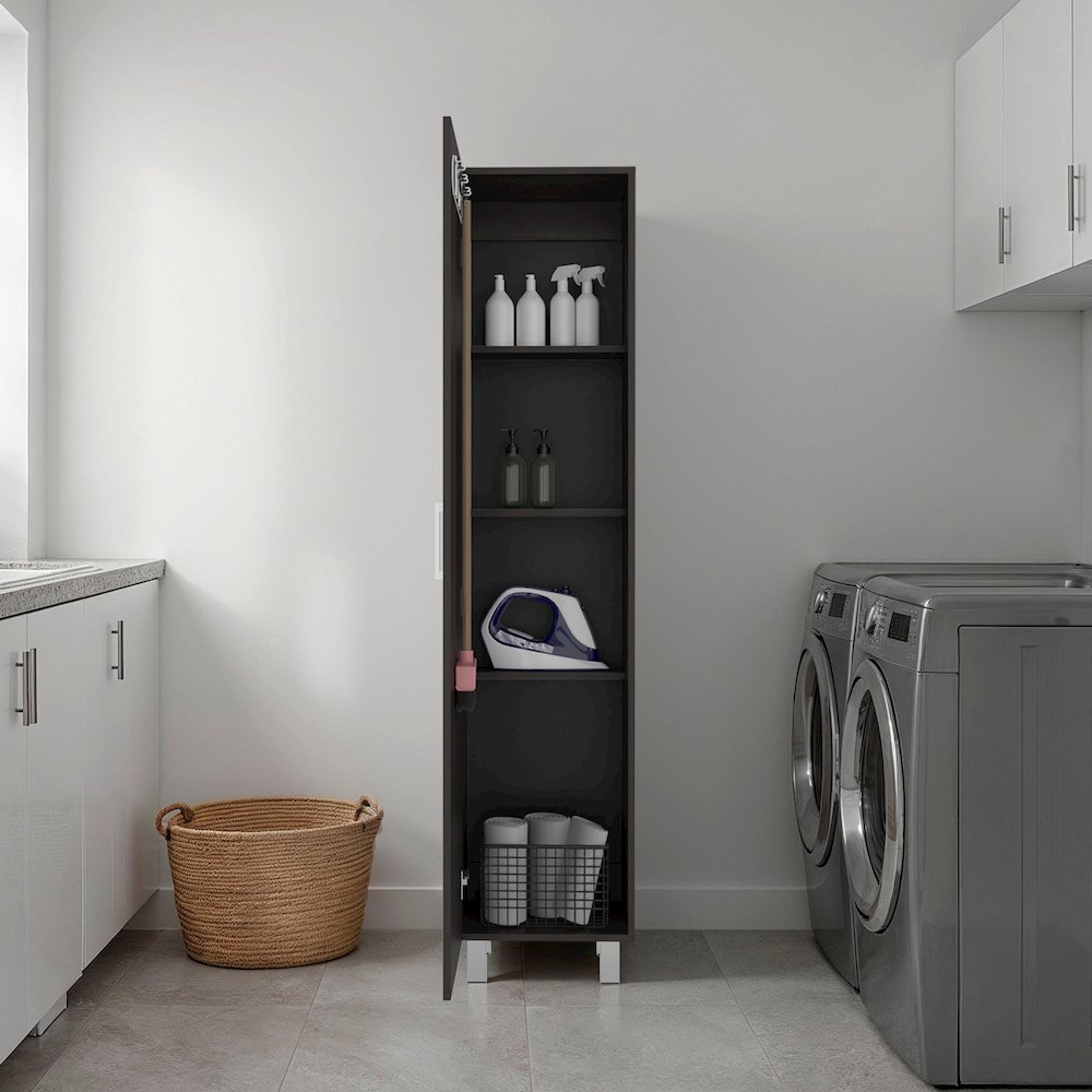 Vernon Slim Storage Cabinet with 4-Tier Shelf and Broom Hangers, Dark Walnut. Picture 2