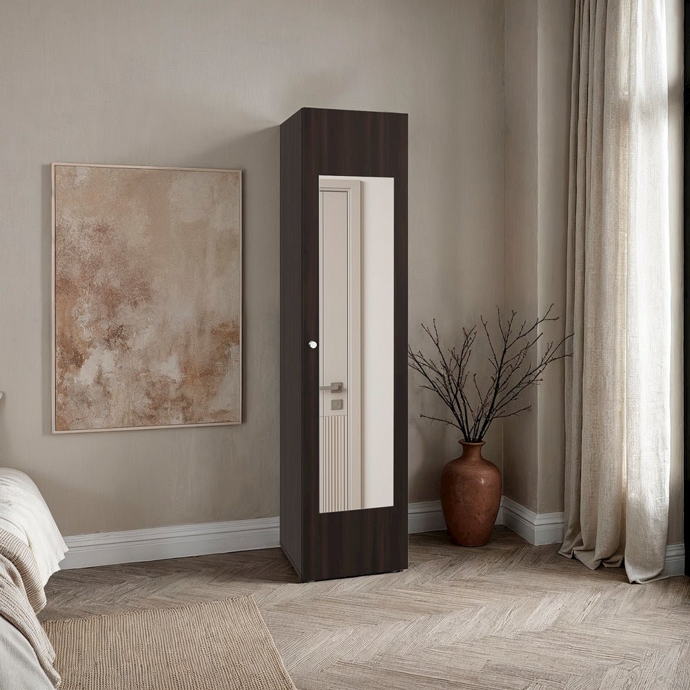 1 Door Wardrobe 67" H with Mirror and Vertical Storage Design, Dark Walnut. Picture 1