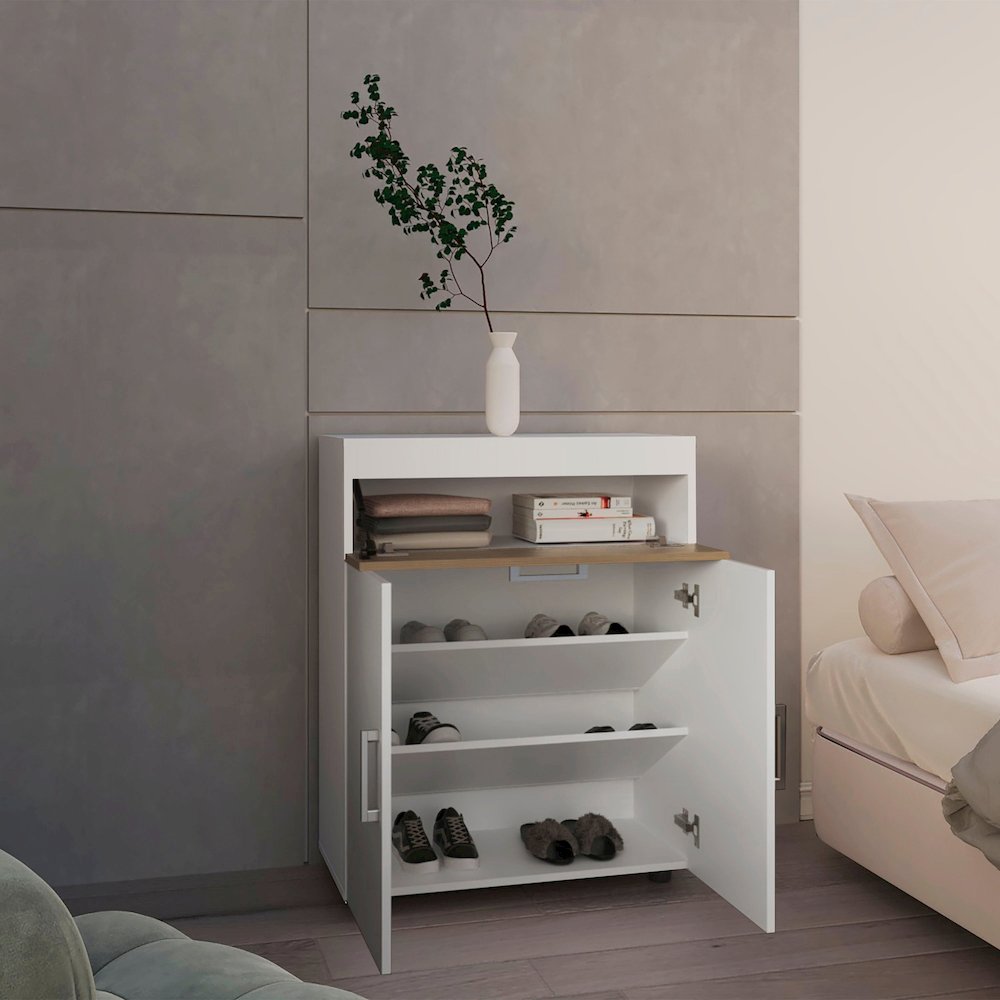 Ubly Shoe Rack, 3 Doors, 3 Shelves, 4 Legs, White / Natural Oak. Picture 7