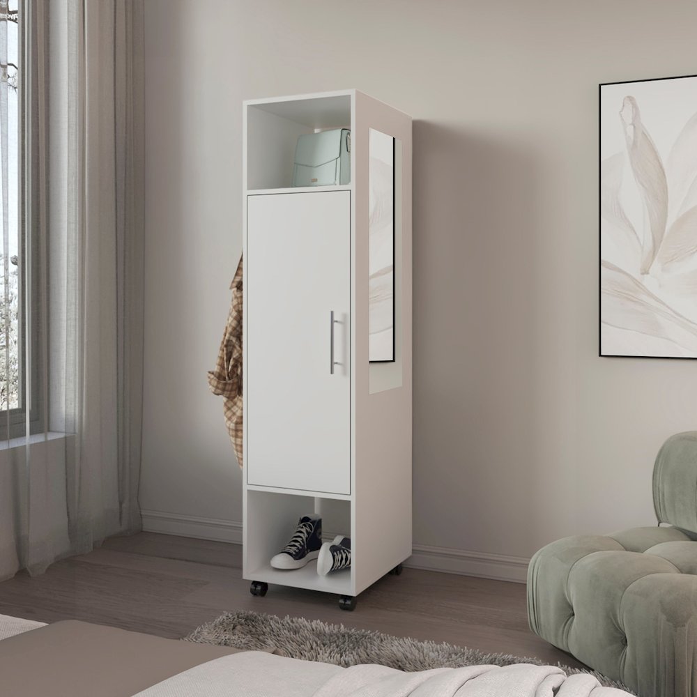 Ambler Armoire with 1 Door, 3 Shelves, and Full-Length Mirror, White. Picture 6