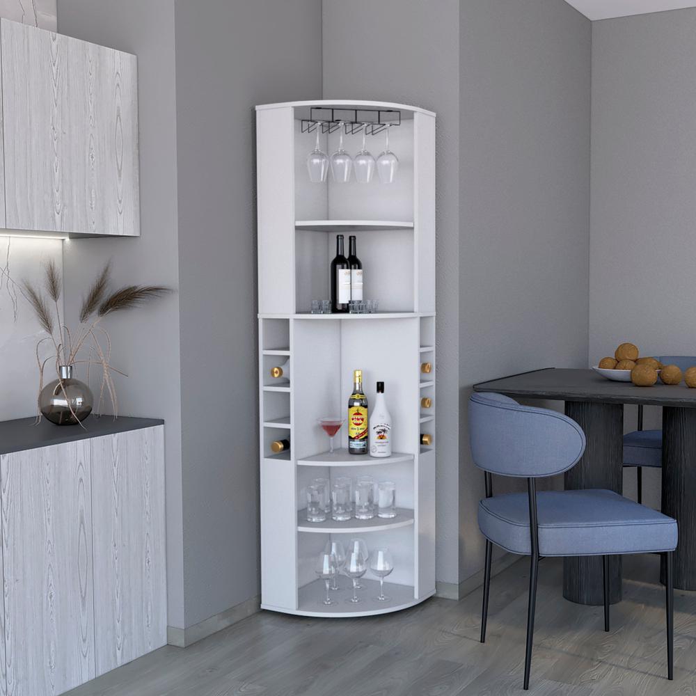 71" Corner Bar Cabinet with Five Shelves, Eight Bottle Cubbies and Stemware. Picture 6