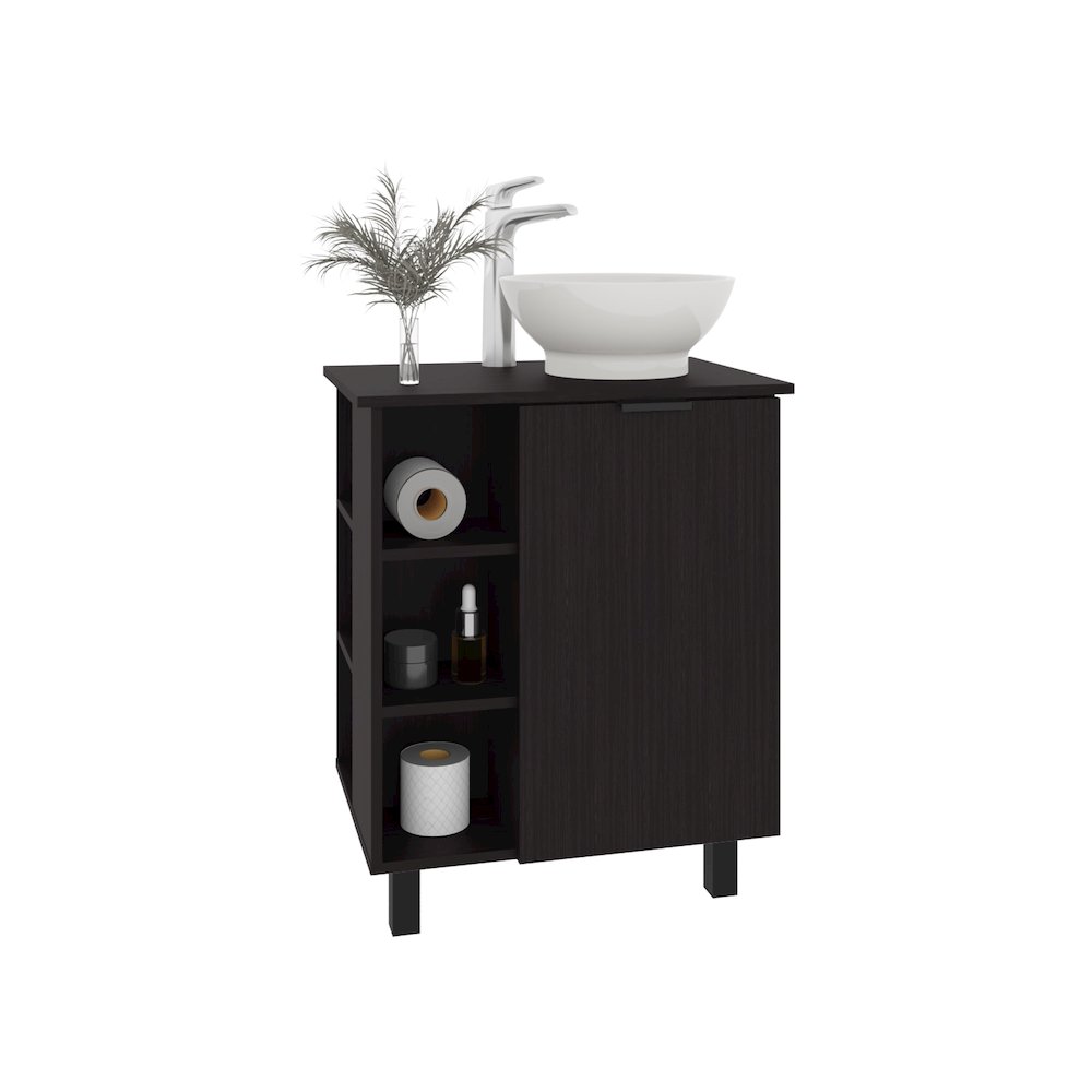 Dobson Vanity Sink, 1 Door, 4 Legs, 5 Shelves, Black Wengue. Picture 3