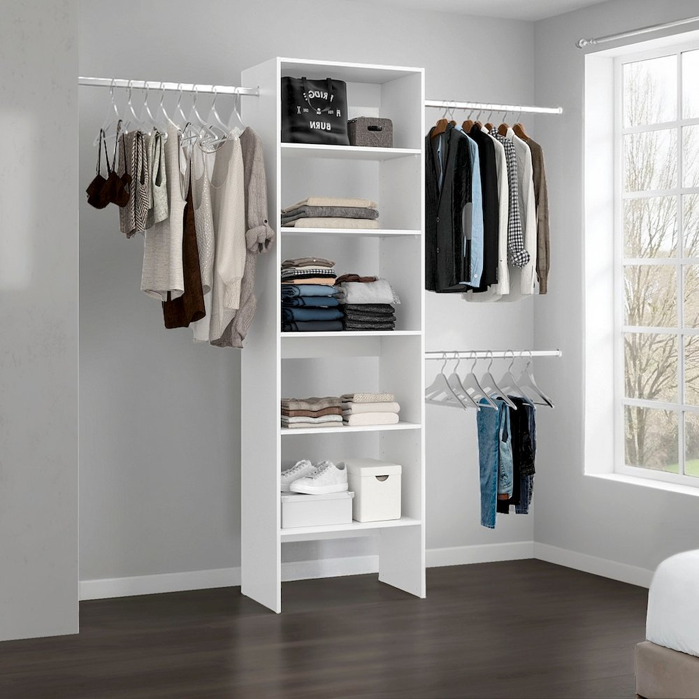 Modular Closet System with Open Shelves, Dual Hanging Rods, White. Picture 1