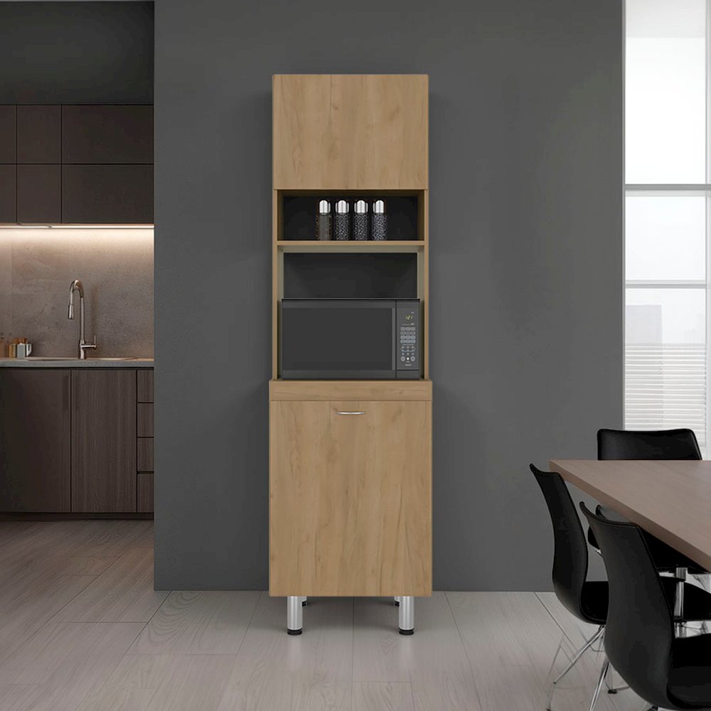 Kitchen Pantry with Microwave Space, Four Shelves, Closed Storage, Natural Oak. Picture 1