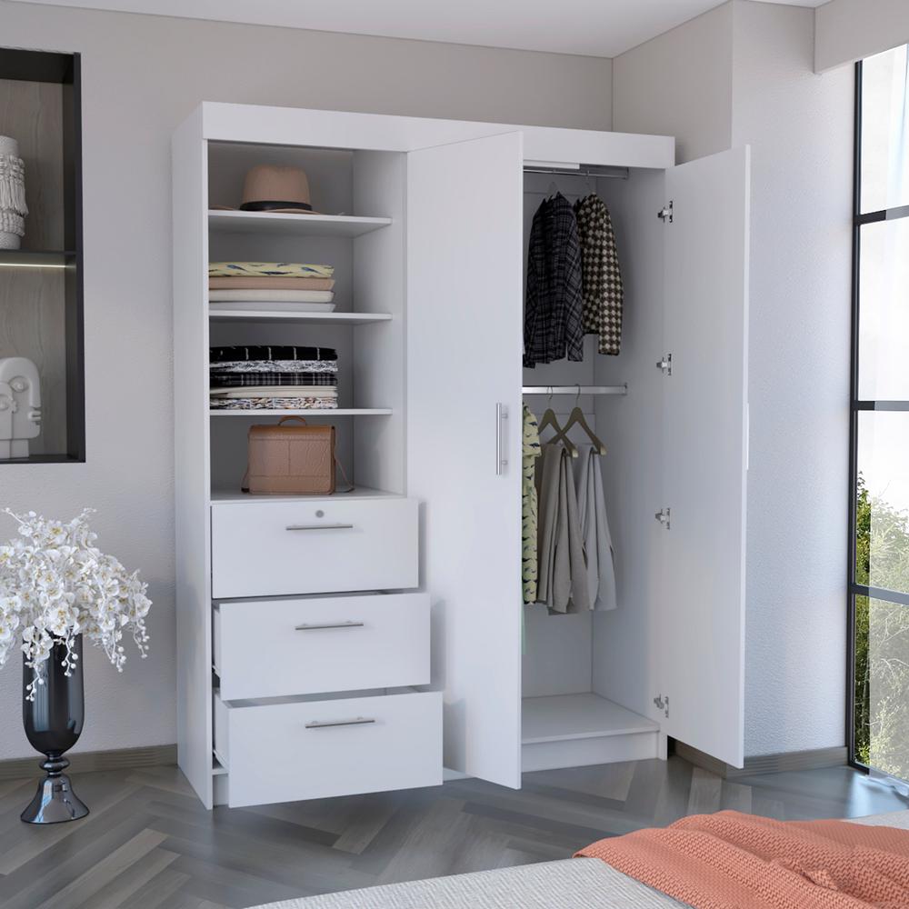 DEPOT E-SHOP Laurel 3-Tier Shelf and Drawers Armoire with Metal Handles, White. Picture 4