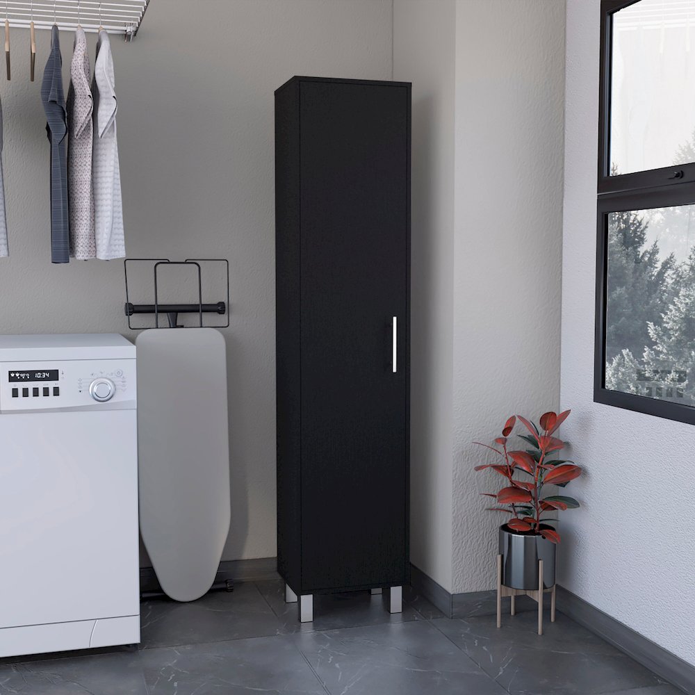 70.8H" Tall Narrow Storage Cabinet with 5-Tier Shelf, 3 Broom Hangers, Black. Picture 5