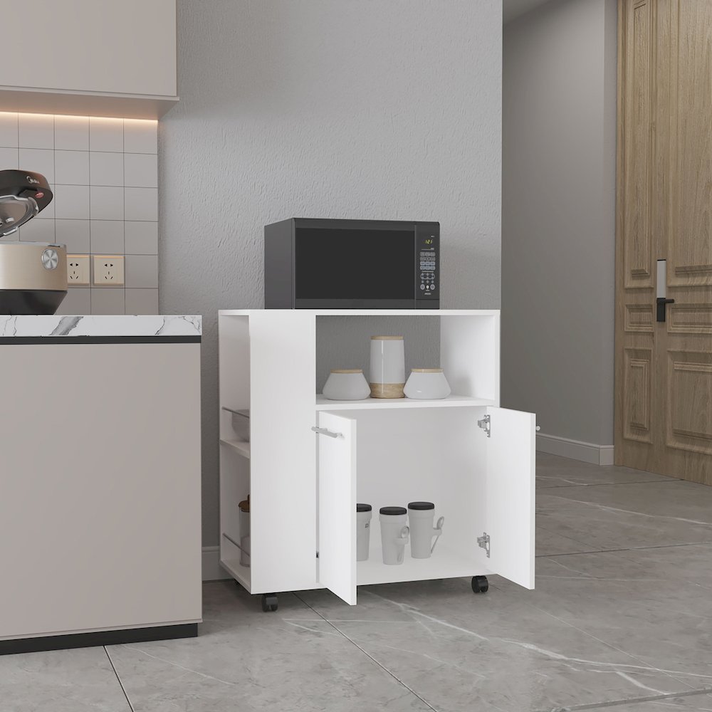 Bremerton Kitchen Cart, 2 Doors, 3 Shelves, 4 Wheels, White. Picture 7