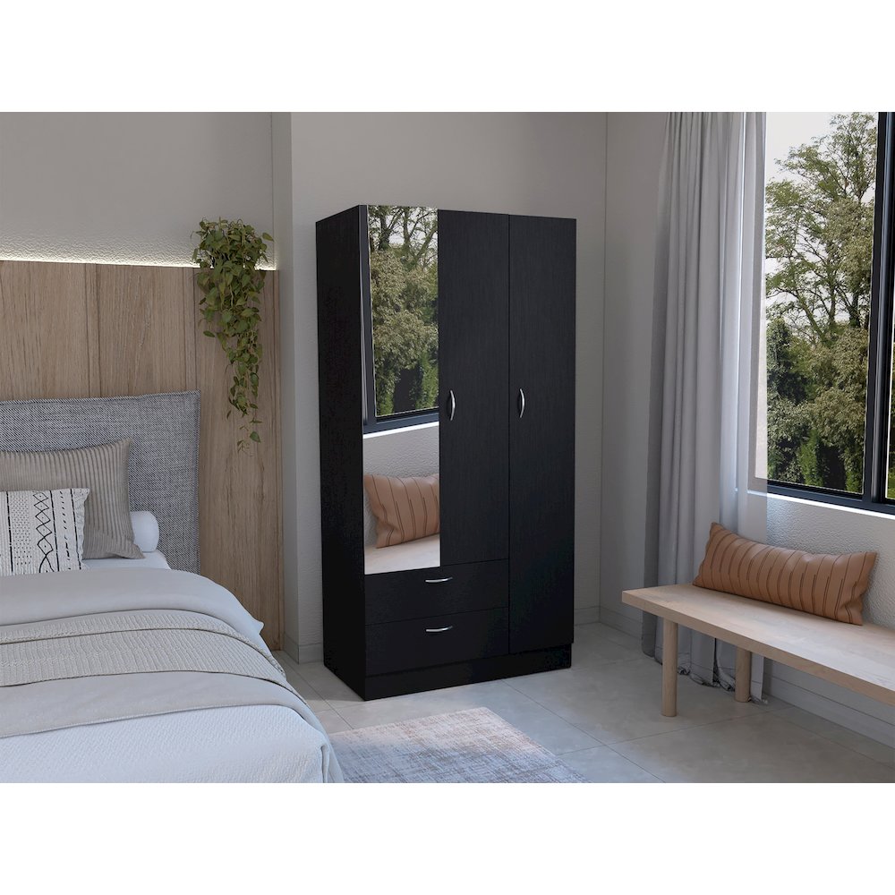 Twardrobe with 3 doors, one with mirror, two drawers, four shelves,Black. Picture 4