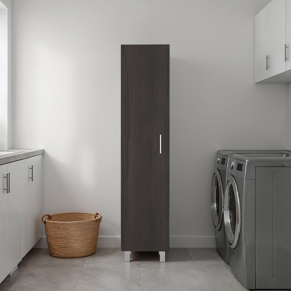 Vernon Slim Storage Cabinet with 4-Tier Shelf and Broom Hangers, Dark Walnut. Picture 1