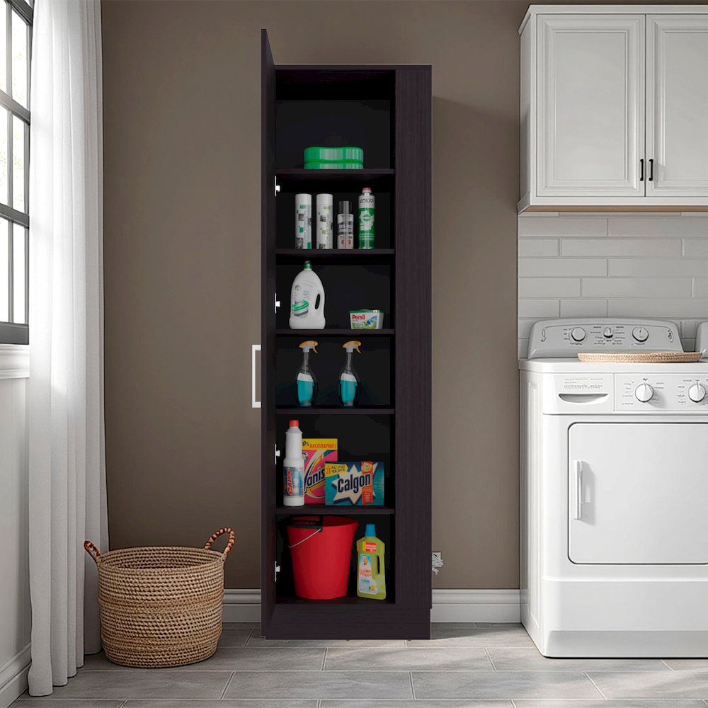 Fairfield Utility Storage Cabinet with 6-Tier Shelf, Broom Hangers, Black Wengue. Picture 2