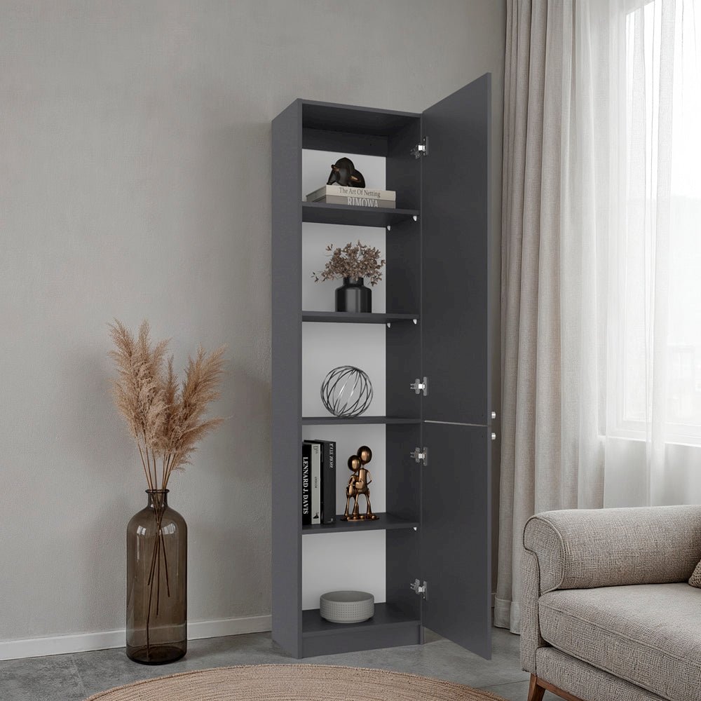 Butte Tall Bookcase 71" H with 2 Doors, Five Interior Shelves, Matt Grey/White. Picture 2