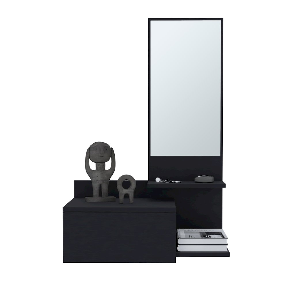 Sitka Floating Hallway Cabinet, 1 Drawer, 3 Shelves, 1 Mirror, Black. Picture 2